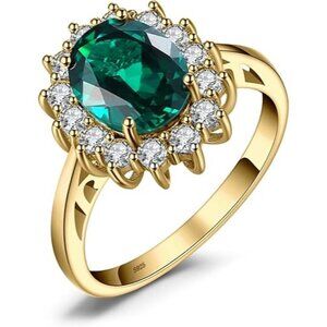 Yellow Gold Plated-Created Emerald Princess Diana Class Birthstone Halo Ring